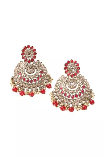 Lovely chandelier and circle shape red kundan stone antique gold plated chandelier earring for women