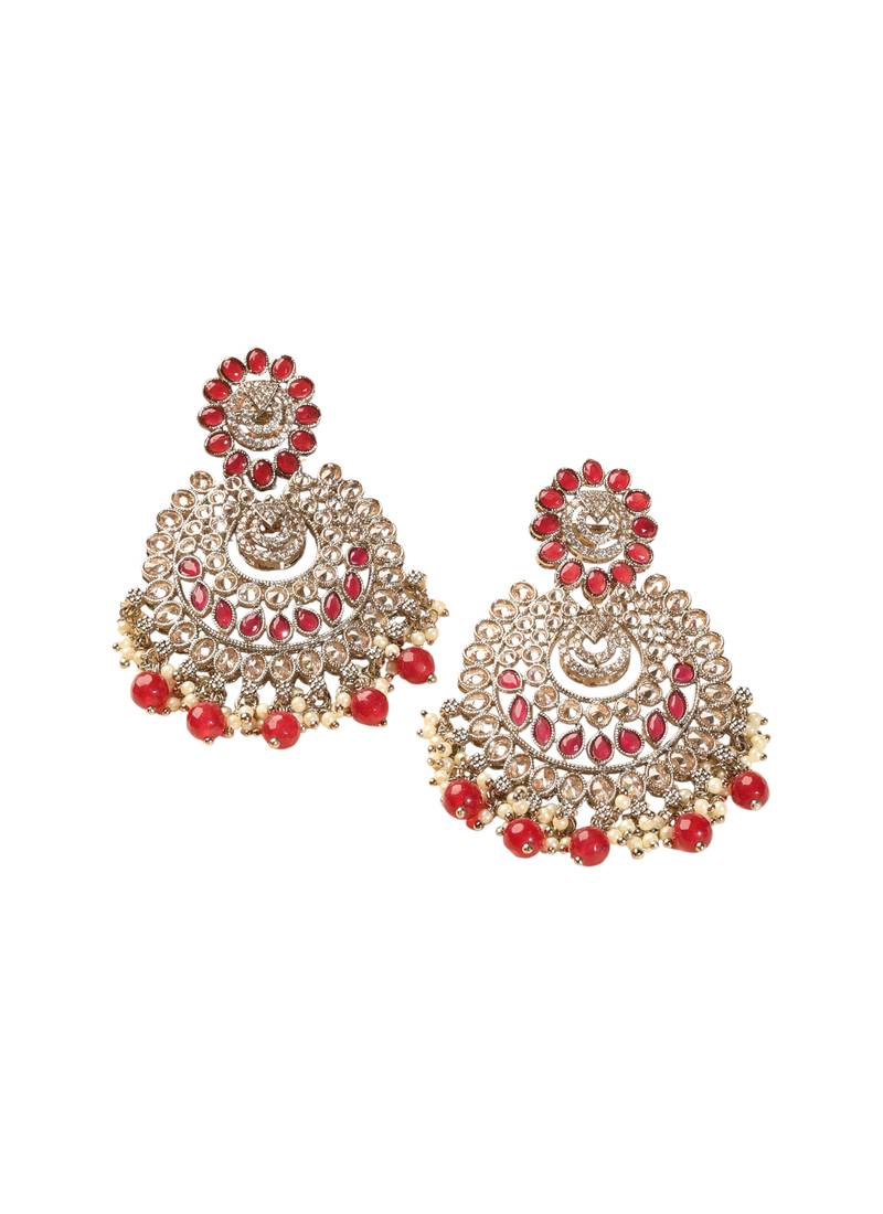Lovely chandelier and circle shape red kundan stone antique gold plated chandelier earring for women