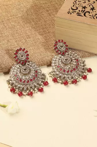 Lovely chandelier and circle shape red kundan stone antique gold plated chandelier earring for women