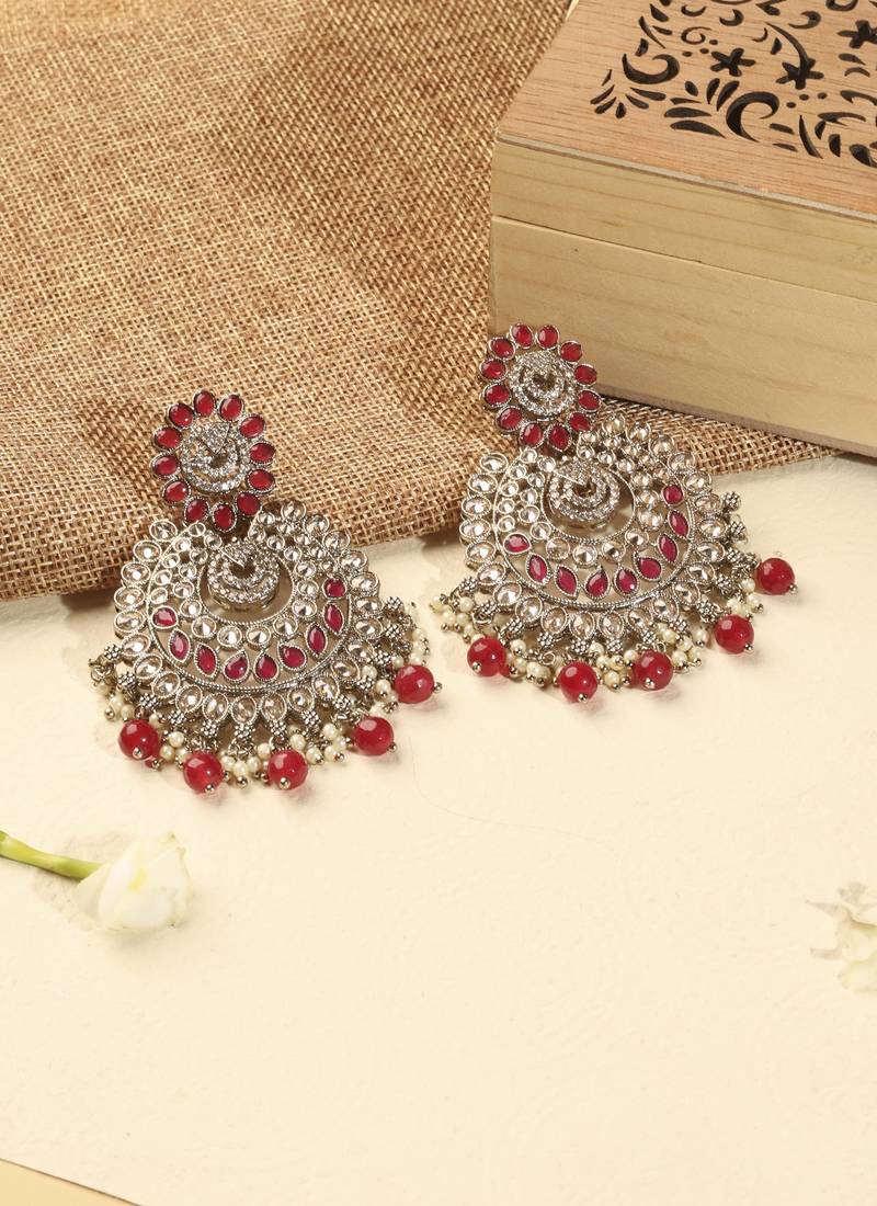 Lovely chandelier and circle shape red kundan stone antique gold plated chandelier earring for women