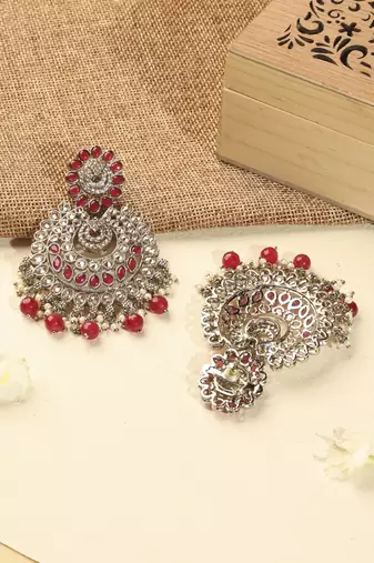 Lovely chandelier and circle shape red kundan stone antique gold plated chandelier earring for women