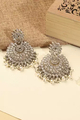 Chandelier and mother of pearl brown kundan stone antique gold plated chandelier earring for women