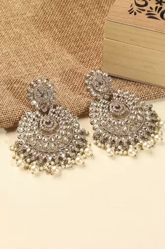 Chandelier and mother of pearl brown kundan stone antique gold plated chandelier earring for women