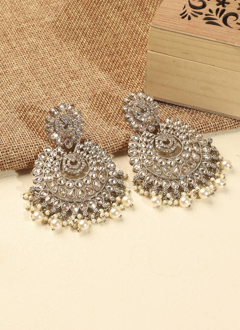 Chandelier and mother of pearl brown kundan stone antique gold plated chandelier earring for women