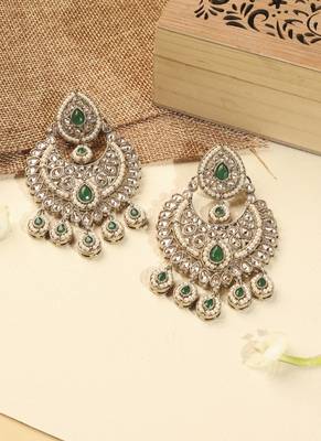Modern chandelier shape & pearl green kundan stone antique gold plated chandelier earring for women 1