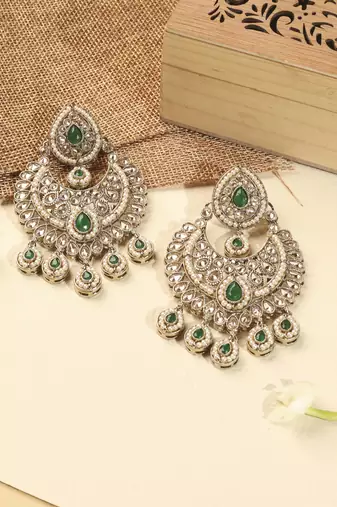 Modern chandelier shape & pearl green kundan stone antique gold plated chandelier earring for women