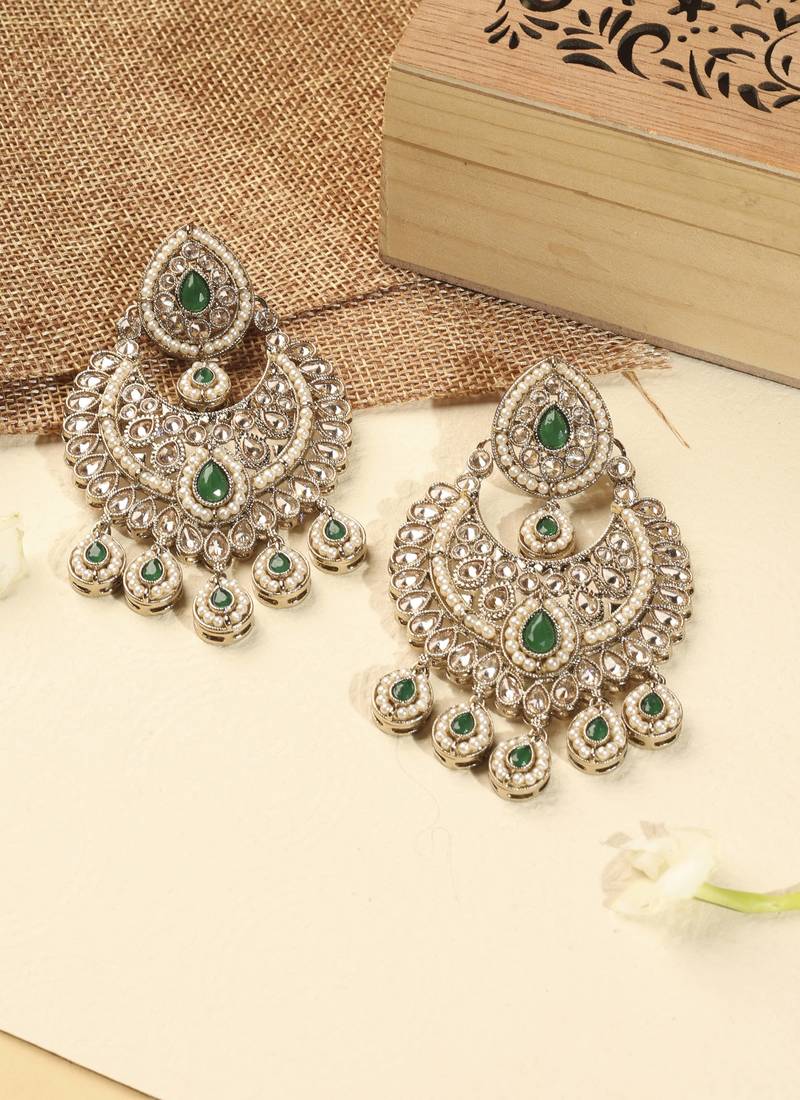 Modern chandelier shape & pearl green kundan stone antique gold plated chandelier earring for women