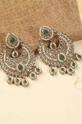 Modern chandelier shape & pearl green kundan stone antique gold plated chandelier earring for women