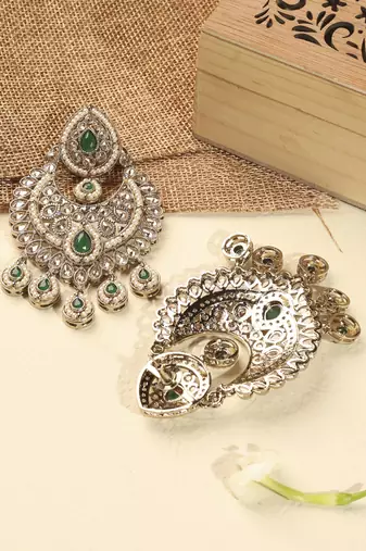 Modern chandelier shape & pearl green kundan stone antique gold plated chandelier earring for women