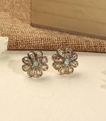 Smooth flower design brown kundan stone antique gold plated stud earring for women