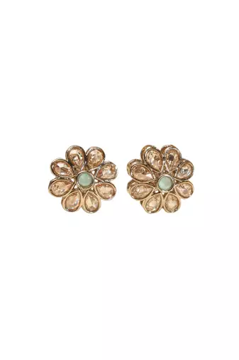Smooth flower design brown kundan stone antique gold plated stud earring for women