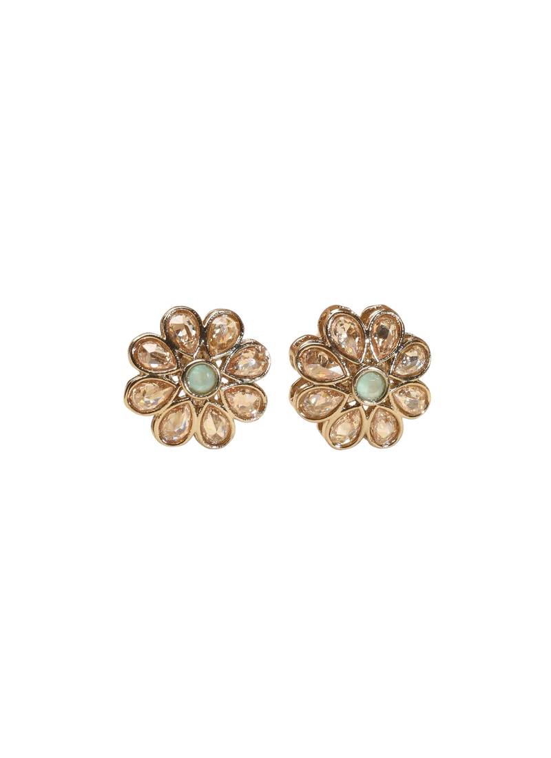 Smooth flower design brown kundan stone antique gold plated stud earring for women