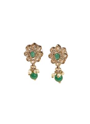 Modish flower design and circle green kundan stone antique gold plated dangle earring for women 2