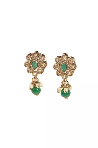 Modish flower design and circle green kundan stone antique gold plated dangle earring for women