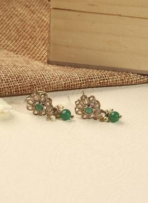 Modish flower design and circle green kundan stone antique gold plated dangle earring for women 3