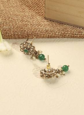 Modish flower design and circle green kundan stone antique gold plated dangle earring for women 4