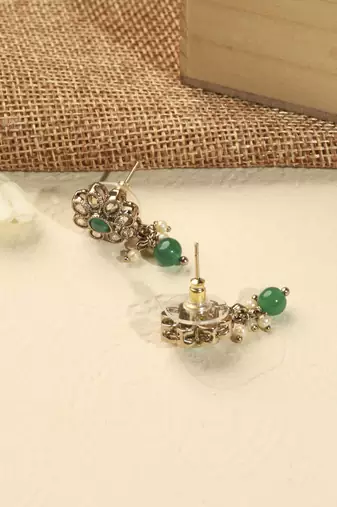 Modish flower design and circle green kundan stone antique gold plated dangle earring for women