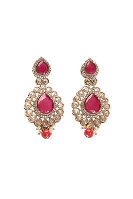 Stylish round and oval shape red kundan stone antique gold plated brass dangle earring for women 2