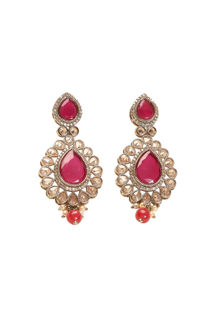 Stylish round and oval shape red kundan stone antique gold plated brass dangle earring for women