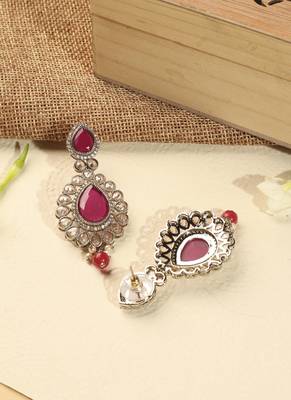 Stylish round and oval shape red kundan stone antique gold plated brass dangle earring for women 4