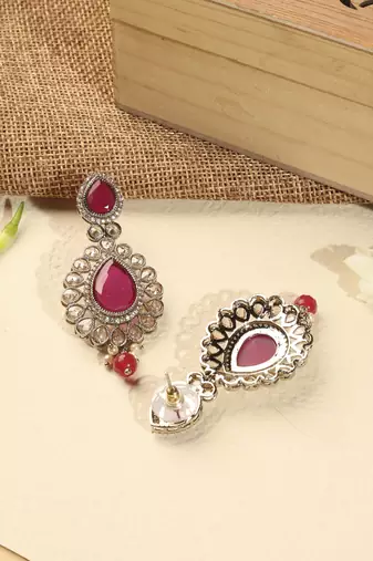 Stylish round and oval shape red kundan stone antique gold plated brass dangle earring for women