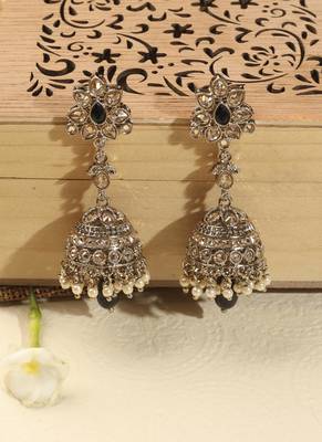 Traditional flower and oval shape antique gold plated brass jhumki earring for women 1