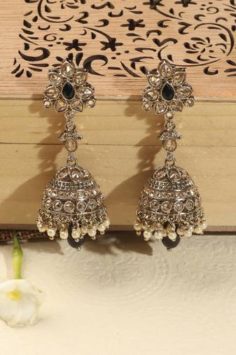 Traditional flower and oval shape antique gold plated brass jhumki earring for women