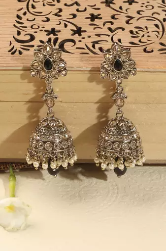 Traditional flower and oval shape antique gold plated brass jhumki earring for women