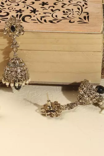Traditional flower and oval shape antique gold plated brass jhumki earring for women