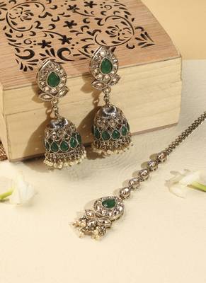 Leaf and oval shape green kundan stone antique gold plated jhumki earring with maang tikka for women 1