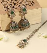 Leaf and oval shape green kundan stone antique gold plated jhumki earring with maang tikka for women