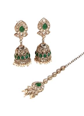 Leaf and oval shape green kundan stone antique gold plated jhumki earring with maang tikka for women 2