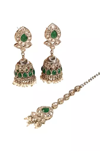 Leaf and oval shape green kundan stone antique gold plated jhumki earring with maang tikka for women
