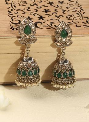 Leaf and oval shape green kundan stone antique gold plated jhumki earring with maang tikka for women 3