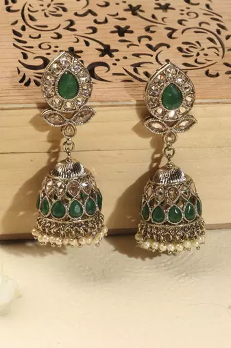 Leaf and oval shape green kundan stone antique gold plated jhumki earring with maang tikka for women