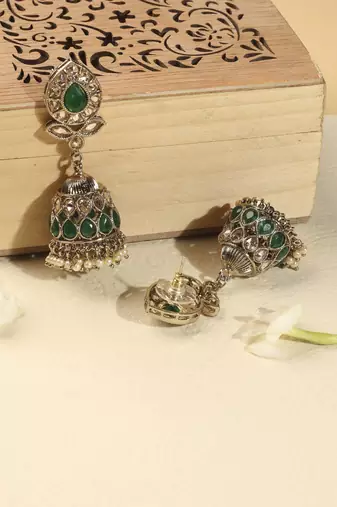 Leaf and oval shape green kundan stone antique gold plated jhumki earring with maang tikka for women