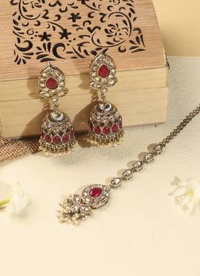 Leaf and oval shape green kundan stone antique gold plated jhumki earring with maang tikka for women 1