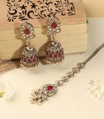 Leaf and oval shape green kundan stone antique gold plated jhumki earring with maang tikka for women