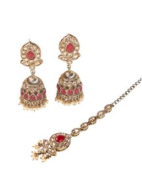 Leaf and oval shape green kundan stone antique gold plated jhumki earring with maang tikka for women 2