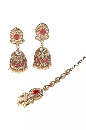 Leaf and oval shape green kundan stone antique gold plated jhumki earring with maang tikka for women