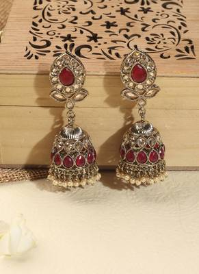 Leaf and oval shape green kundan stone antique gold plated jhumki earring with maang tikka for women 3
