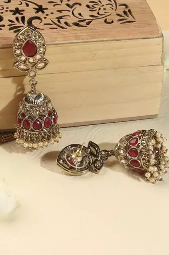 Leaf and oval shape green kundan stone antique gold plated jhumki earring with maang tikka for women