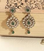 Round flower shape green kundan stone antique gold plated brass dangle earring maang tikka for women