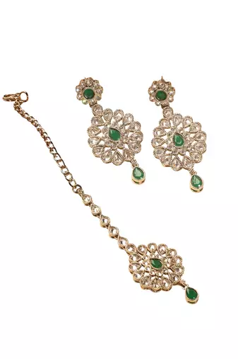 Round flower shape green kundan stone antique gold plated brass dangle earring maang tikka for women