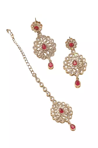 Round flower shape red kundan stone antique gold plated brass dangle earring maang tikka for women