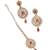 Round flower shape red kundan stone antique gold plated brass dangle earring maang tikka for women