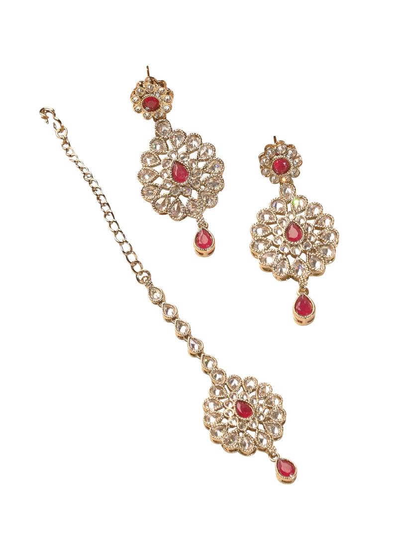 Round flower shape red kundan stone antique gold plated brass dangle earring maang tikka for women