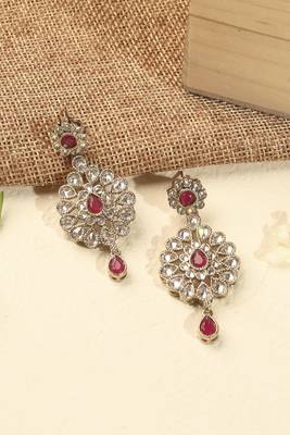 Round flower shape red kundan stone antique gold plated brass dangle earring maang tikka for women 3