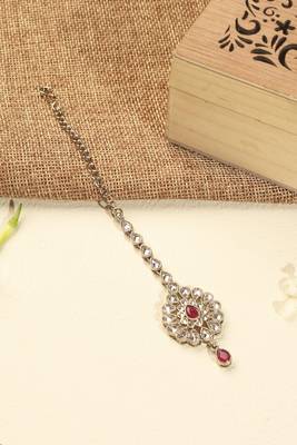 Round flower shape red kundan stone antique gold plated brass dangle earring maang tikka for women 4