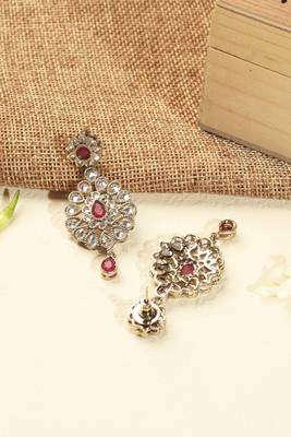 Round flower shape red kundan stone antique gold plated brass dangle earring maang tikka for women 5